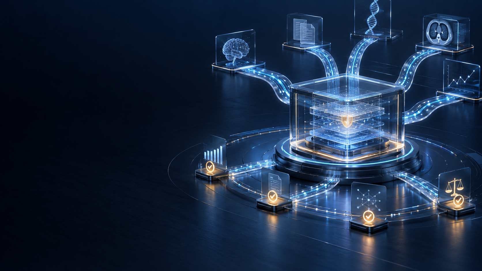 Abstract medical AI governance system connecting evidence, oversight, and assurance